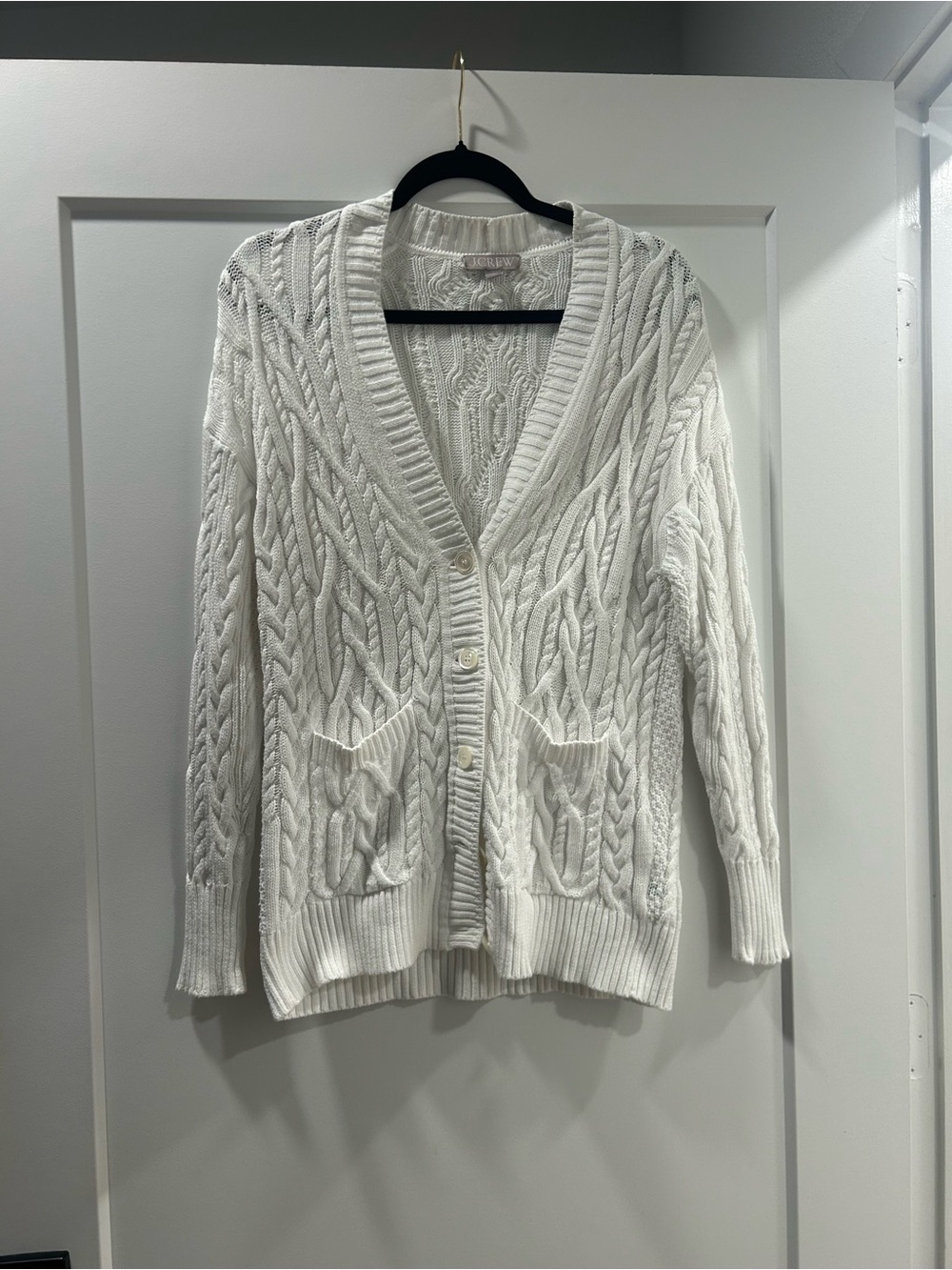 J. Crew White Cable Knit Button-Front Cardigan